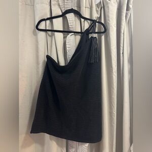 Ralph Lauren Black Textured One Shoulder Blouse with Tassel Accent